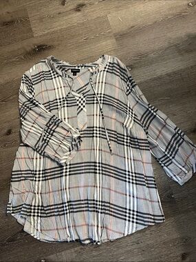 torrid White Plaid Tie-Neck Peasant Top with Black & Rust Stripes